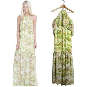 BCBGeneration Floral Ruffle Halter Maxi Dress Women's XS Tropical Resort Beach